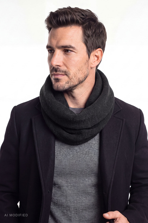 Vivisence Men's Merino Wool Loop Scarf Knitted Neck Warmer Snood, black