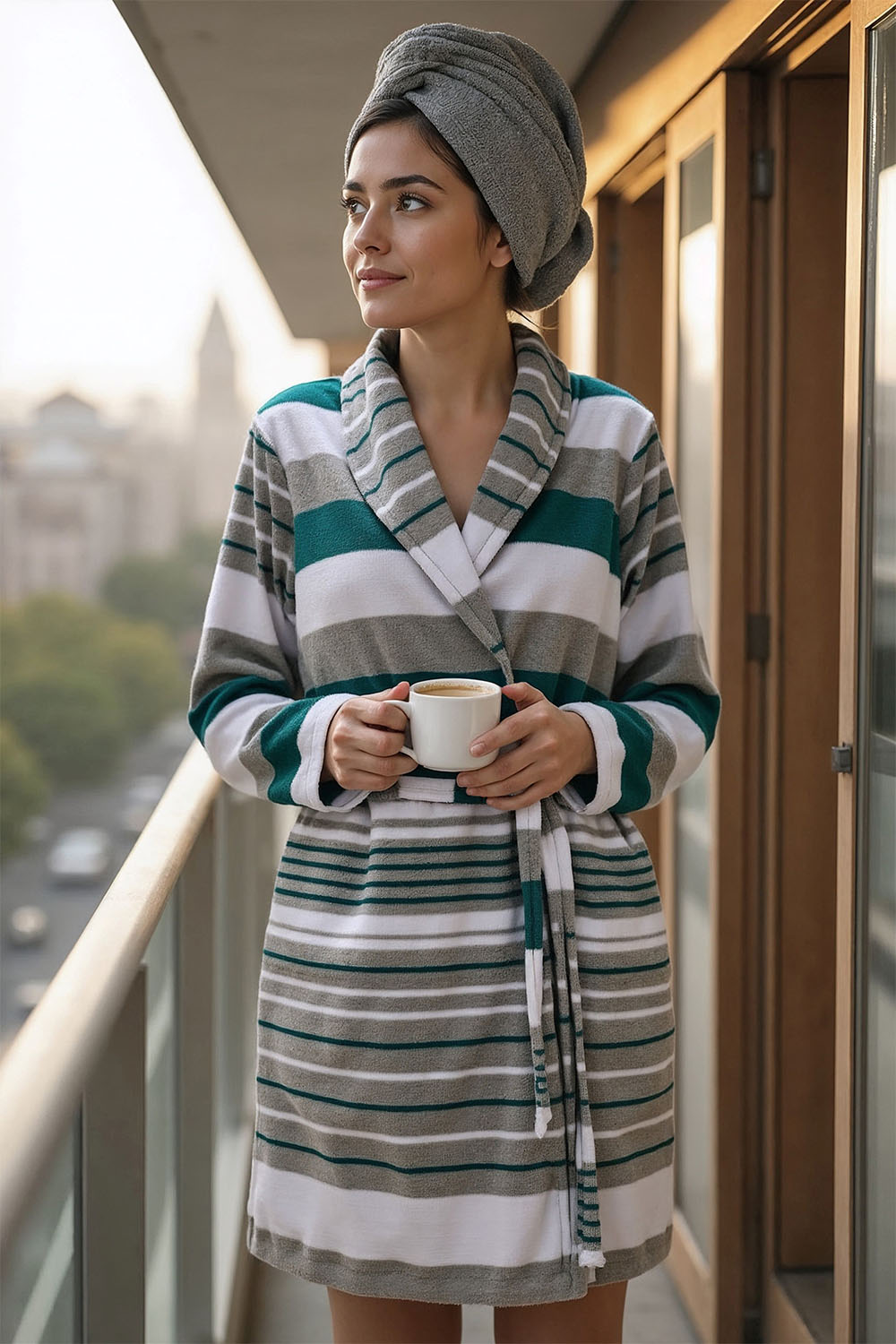 Vivisence Damen Bademantel Baumwolle Mit Gürtel Perfekt Für Täglichen Gebrauch 5030, Grün