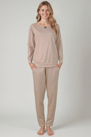 Vivisence Dame Schlafanzug 2-teiliges Set Pyjama Bluse Hose Gemustert Tupfen 2023, Beige