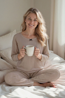 Vivisence Pyjama Deux pièces pour Femme Coton Manches Longues 2023, beige