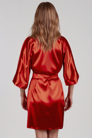 Vivisence Women's Satin Robe with 3/4 Sleeves Tie Waist Short Kimono Style Elegant Polyester Nightwear, Red