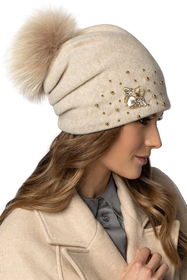 Vivisence Damen Bommelmütze Winter Wolle Handgefertigte Schurwolle 7079, Beige