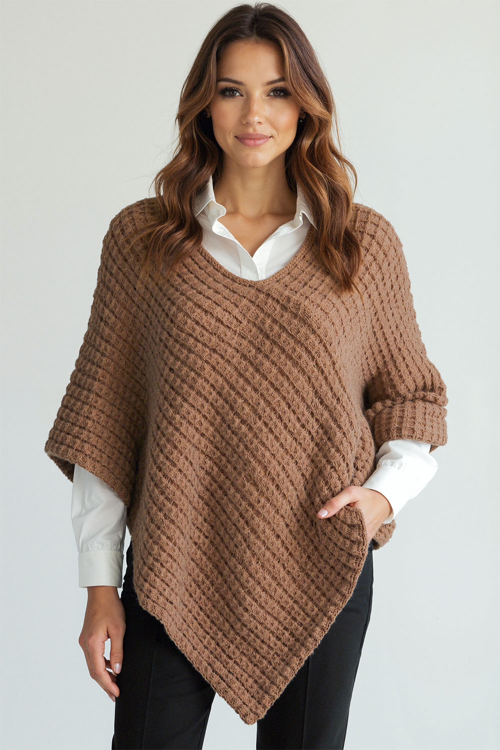 Vivisence Women Poncho Asymmetric Knit Soft Touch Comfort For Layering, Beige