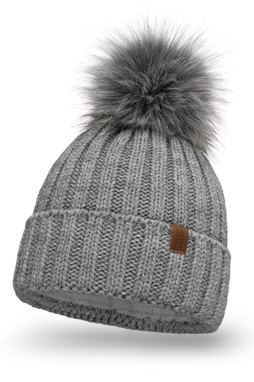Vivisence Bonnet À Pompon Femme Doublé Polaire Ajustement Parfait Pour L’Hiver 70100, gris clair