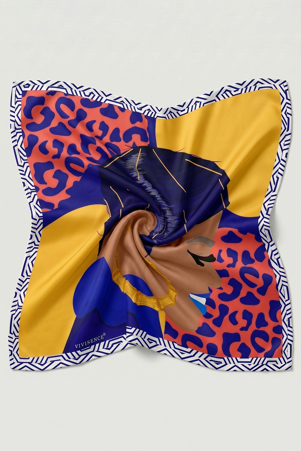 Vivisence Femme Foulard En Soie Carré Bords Roulottés Confort Et Style, jaune/bleu marine