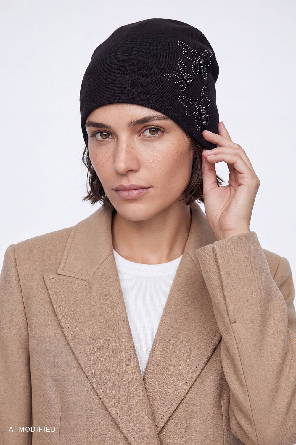 Vivisence bonnet long femme laine viscose élégant strass perles, noir