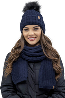Vivisence Damen Mütze Bommel Warm Fleece Gefüttert Strick Winterstyle 7015, dunkelblau