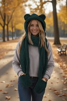 KiddyMoon Damen 3-In-1 Teddybär Kapuze Schal Und Fäustlinge One Size, flaschengrün