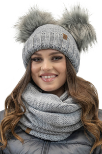 Vivisence Fashionable Women’s Winter Set Perfectly Fitted Hat with Dual Eco-Friendly Pom-Poms and Soft Anti-Static Fleece Lining Foldable Snood Scarf Ideal For Cold Weather, light grey