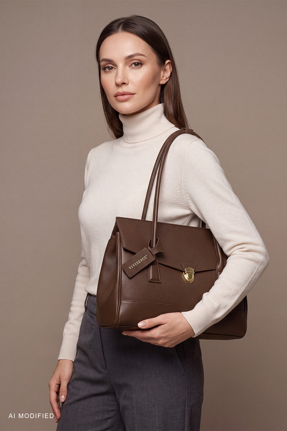 Vivisence Shoulder Bag Women Polyurethane, 3-Compartment Handbag for Daily, dark brown