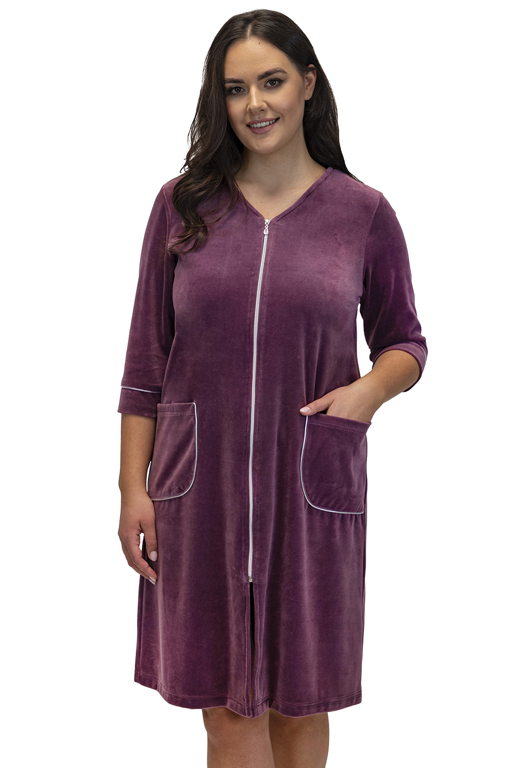 Vivisence Robe with Pockets Cotton Zipper Closure Comfortable To Wear At Home 5027, purple
