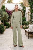 Vivisence Women’s Pull On Trousers, Soft Knit Smart Casual Trousers with Front Crease, Flared Leg and Side Pockets, olive