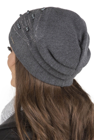 Vivisence Women's Hat Knitted Warm With Fleece Zirconia Pearls Elegant Winter 7012, dark grey