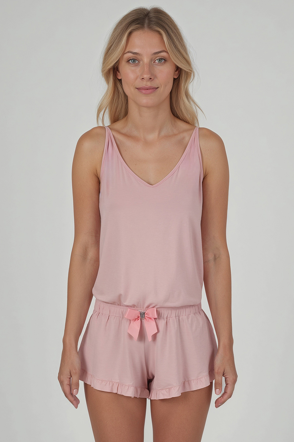 Vivisence Women's Pyjama Set Viscose V-Neckline Decorative Bow 2044, Pink