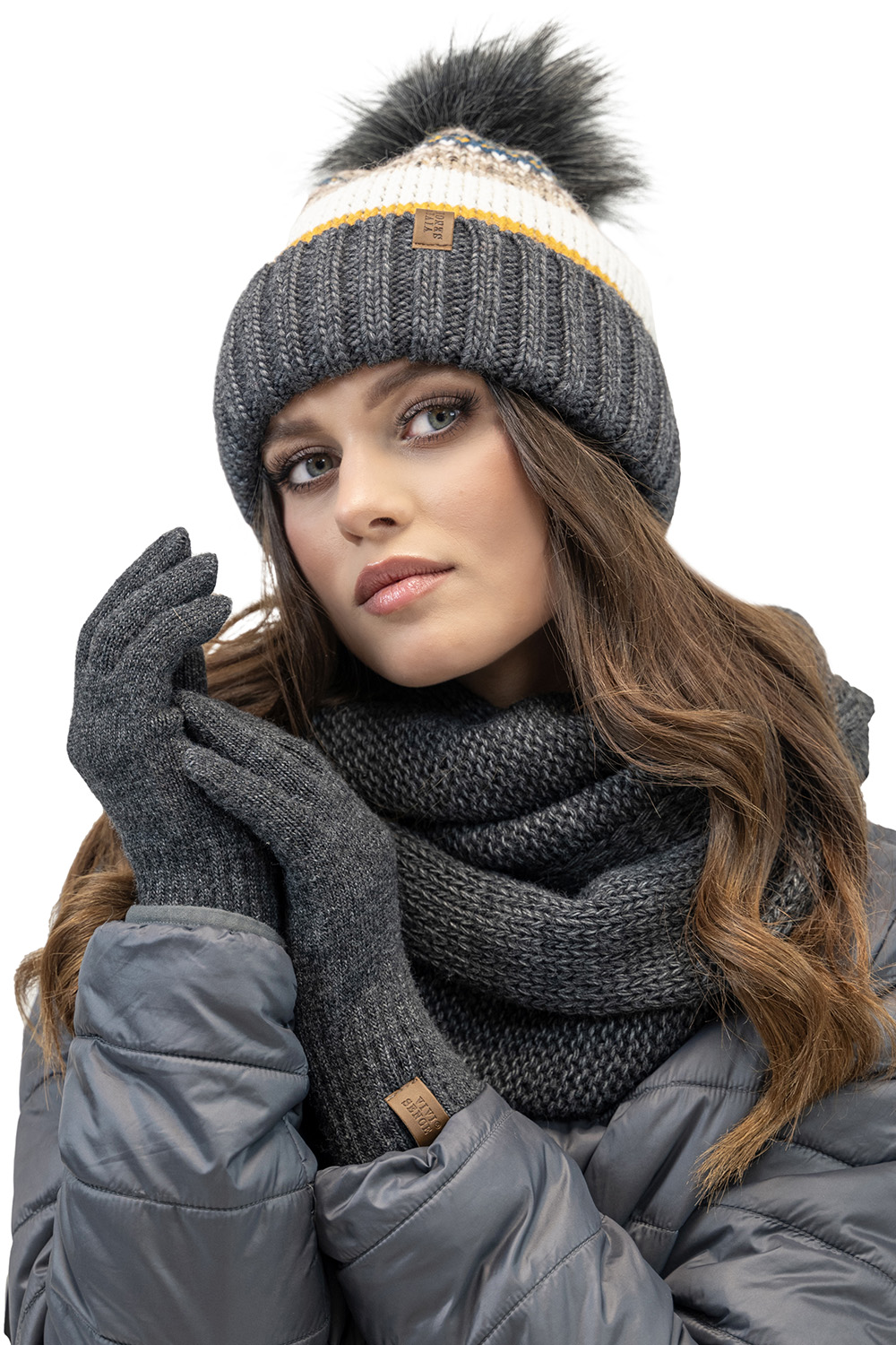 Vivisence Bonnet Cache-Cou Pliable Et Gants Pour Femme L'Automne et L'Hiver Ensemble À La Mode Ajusté Avec Doublure Polaire Antistatique Confortables En Fil Chaud Doux Avec Pompon Écologique 7099 Kmpl, gris foncé