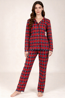 Vivisence Femme Pyjama Deux Pièces Coton À Carreaux Boutonné Confort Doux, rouge