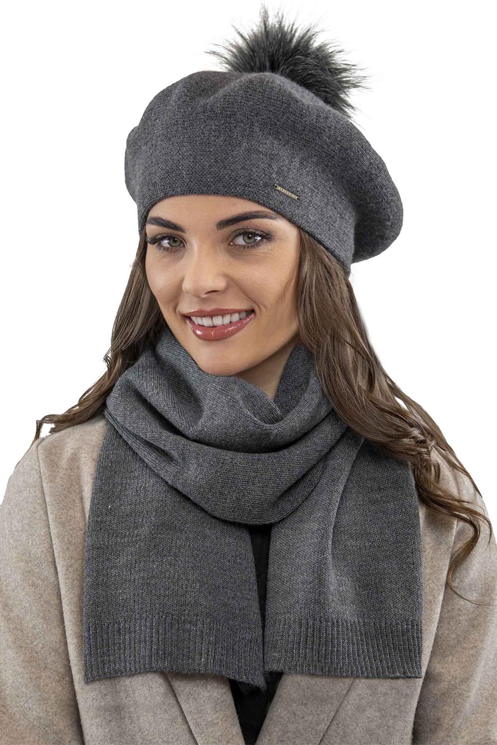 Vivisence Damen Baskenmütze Schal Set Bommel Wolle Warm Elegant Winter 7035Kmpl, dunkelgrau