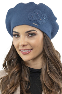 Vivisence Femme Le Béret Pour l'Automne et l'Hiver Élégant Style Classique Ajustement Parfait Orné d'Une Application Florale Mélange Chaud de Laine Idéal pour et Cadeau Élégant 7006, Bleu
