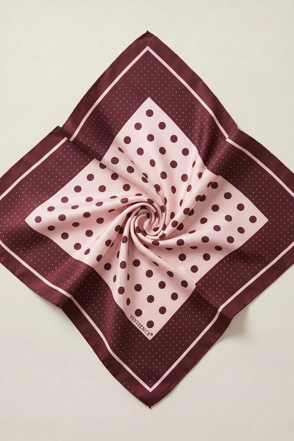 Vivisence Carré de Soie Femme 65 x 65 cm, Foulard en Soie Naturelle 14 Momme, Bords Roulottés à la Main, Motif à Pois Marron/Rose, Marron/Rose/Pois