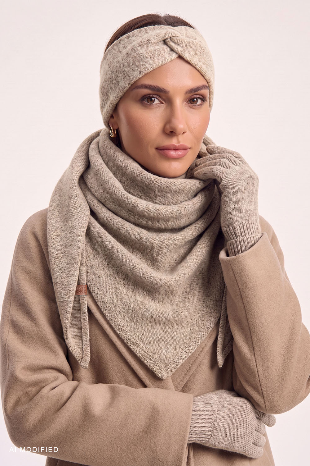 Vivisence Femme ensemble hiver bandeau écharpe gants maille douce, beige