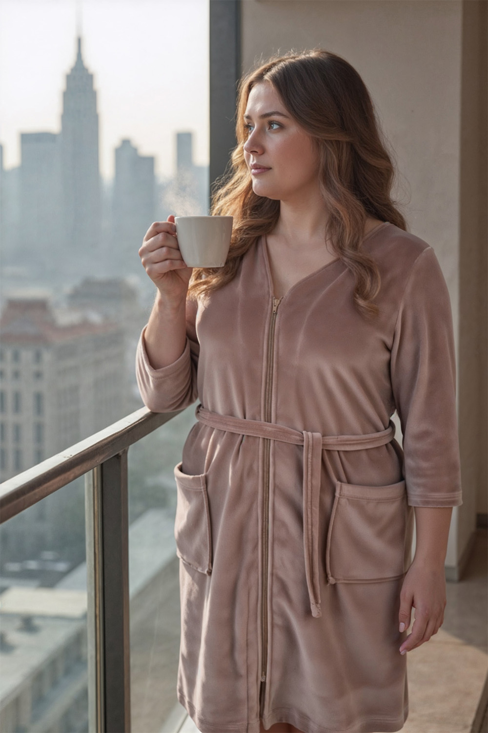 Vivisence Dressing Gown Cotton Zipper and Belt Pockets Home Comfort 5011, beige