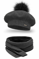 Vivisence Damen Baskenmütze Schal Set Bommel Wolle Warm Elegant Winter 7035Kmpl, dunkelgrau