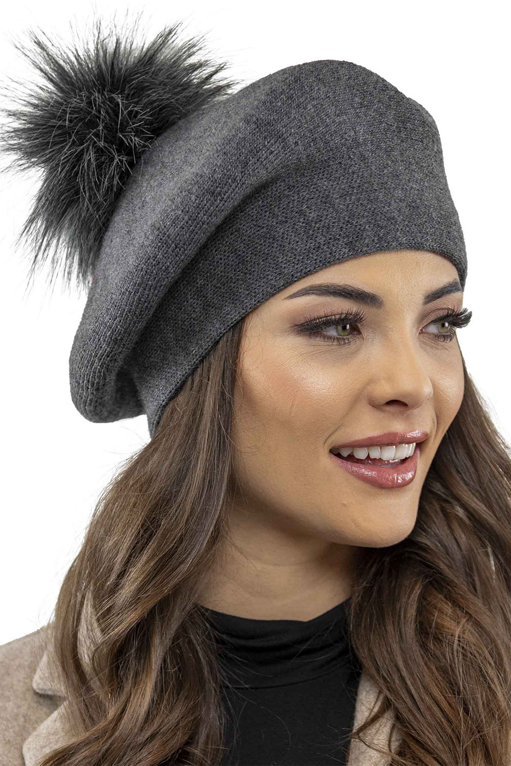 Vivisence Béret Femme Pour L'automne et L'hiver Avec Pompon En Fausse Fourrure Tricoté En Laine Acrylique Doux Chaud Et Confortable Idéal Classique Et Élégant 7035, gris foncé