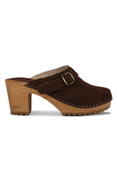 Vivisence Damen Clogs aus Wildleder, Holzsohle, geschlossen mit Schnalle, bequem für Alltag und Büro, dunkelbraun 
