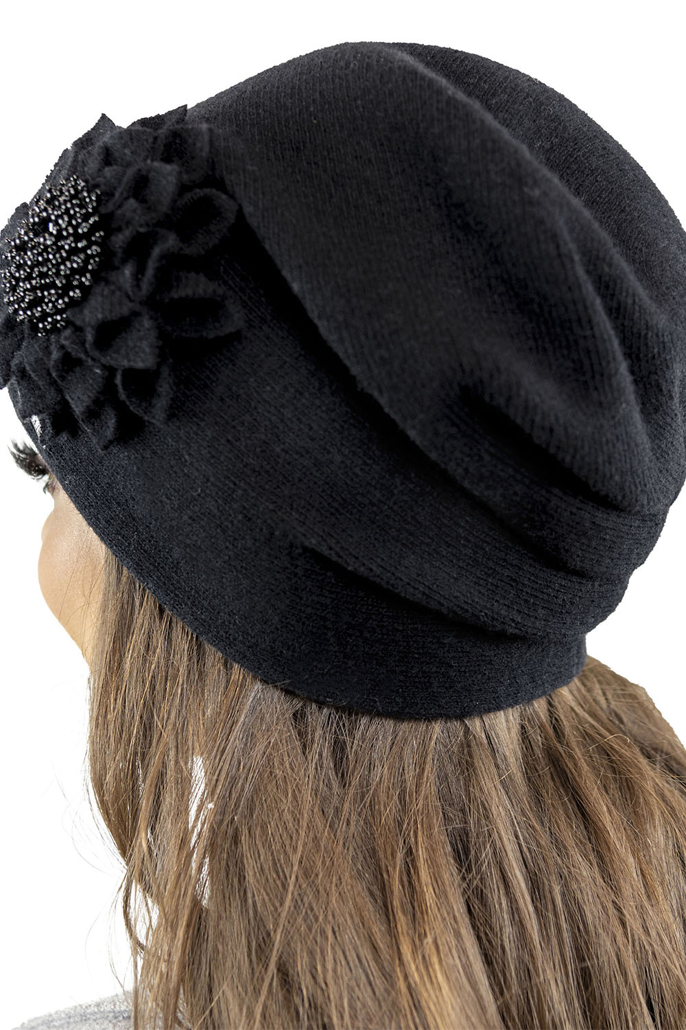 Vivisence Women's Wool Hat With Floral Pleats Antistatic Elegant 7052, black