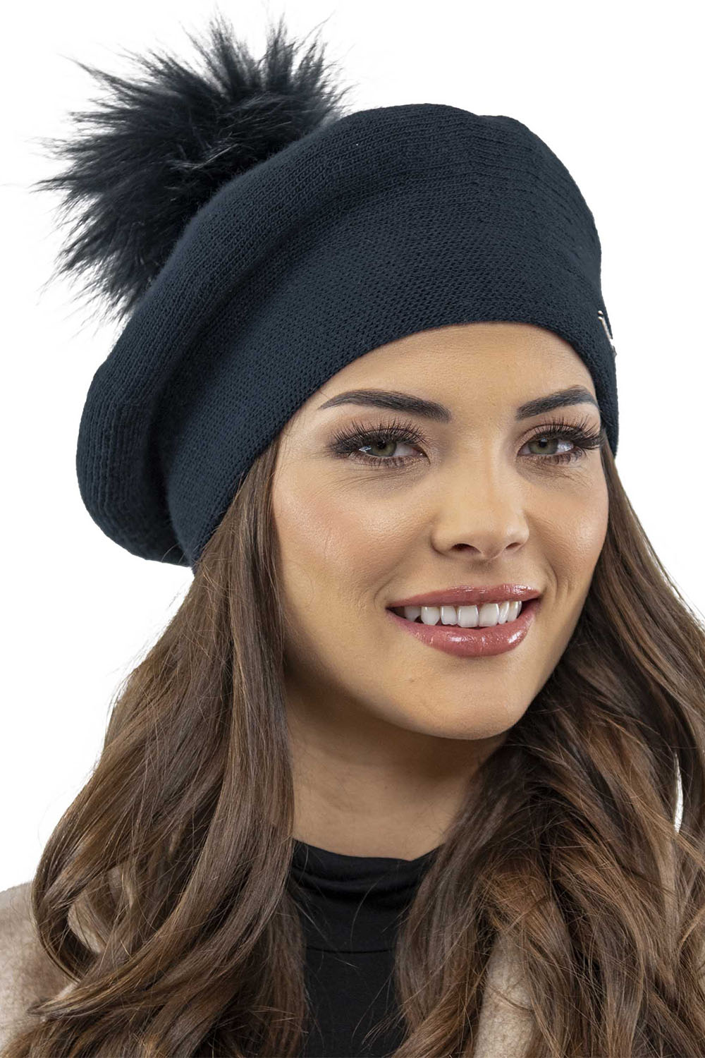 Vivisence Women Beret Wool Blend Faux Fur Pompom Elegant Warm Winter Hat 7035, dark blue