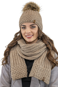 Vivisence Bonnet Et Écharpe Femme Pour L'automne et L'hiver Ensemble En Fil Chaud Avec Doublure En Polaire Anti-Statique Et Pompon En Fausse Fourrure Parfait Pour Les Froids Jours 7016Kmpl, beige