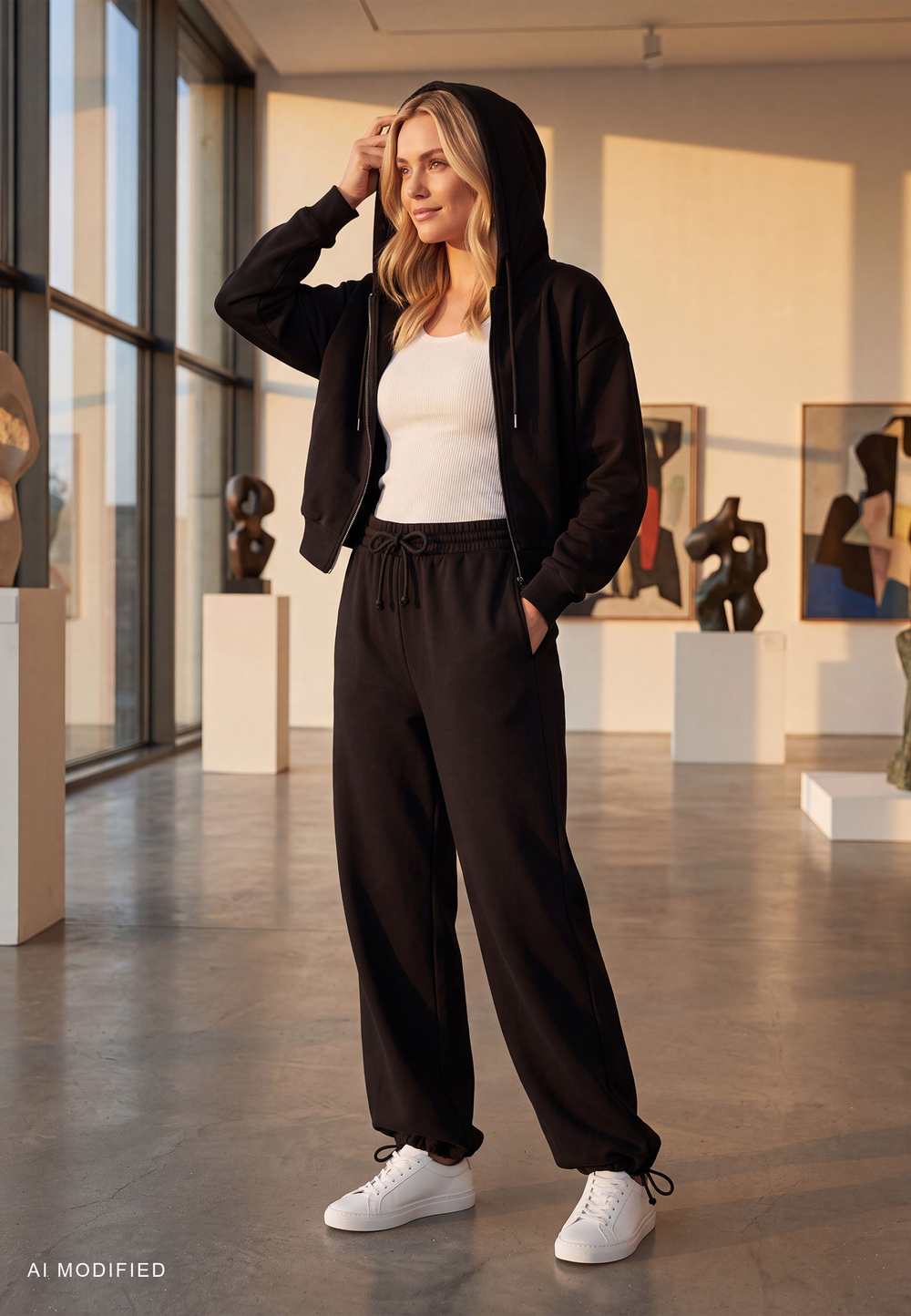 Vivisence Women Tracksuit Set Zip Hoodie And Pants Soft Cotton For Daily Comfort, black