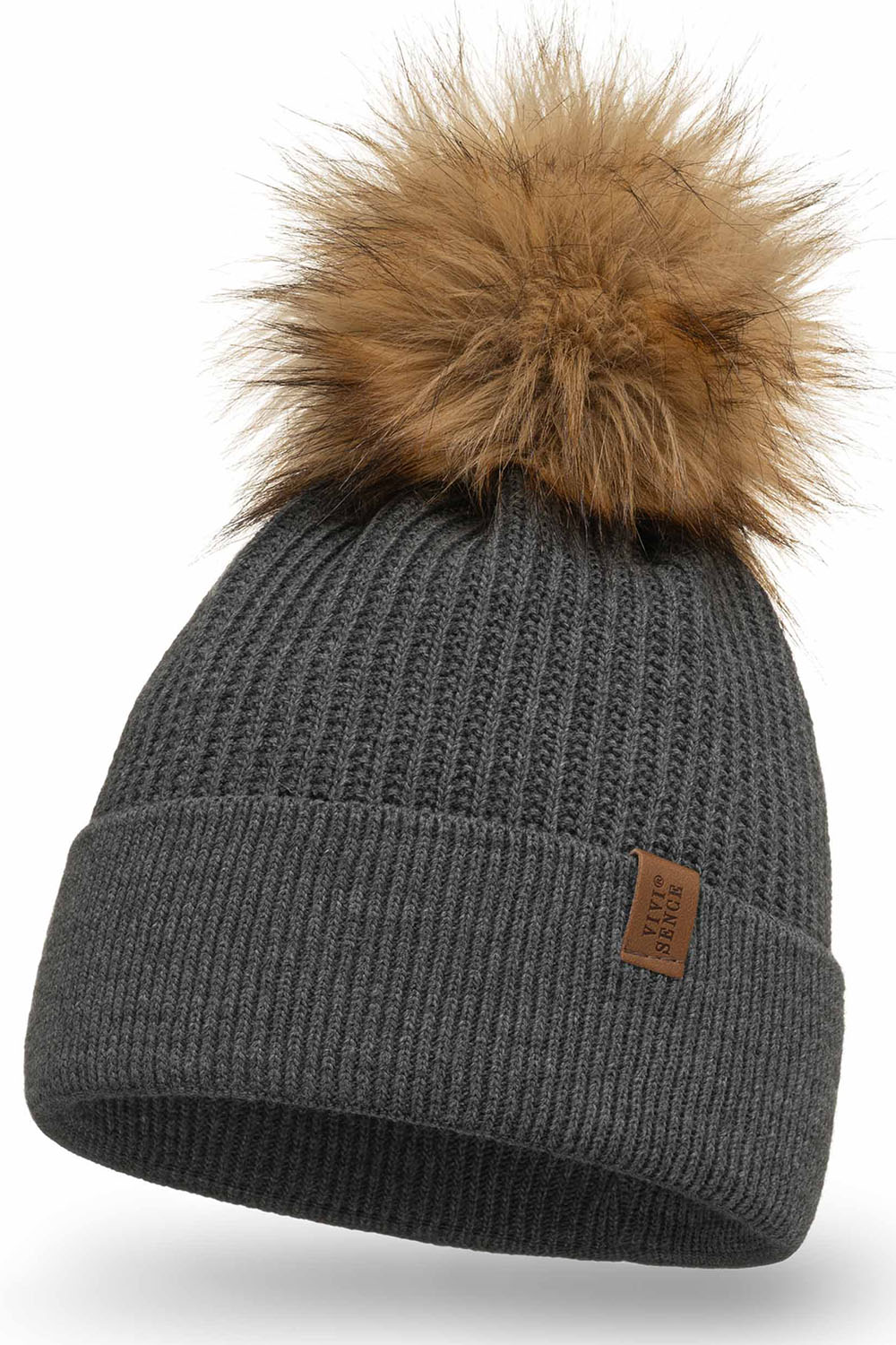 Vivisence Women's Winter Hat With Pom Pom Autumn Style Warm Yarn 7042, dark grey