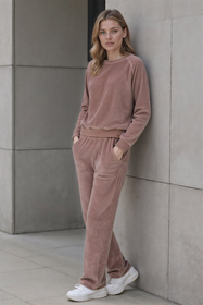 Vivisence Women's Velour Tracksuit Set Two Piece Loungewear Outfit With Classic Sweatshirt And Wide Leg Trousers Soft Cotton With Pockets And Elastic Waistband, Beige