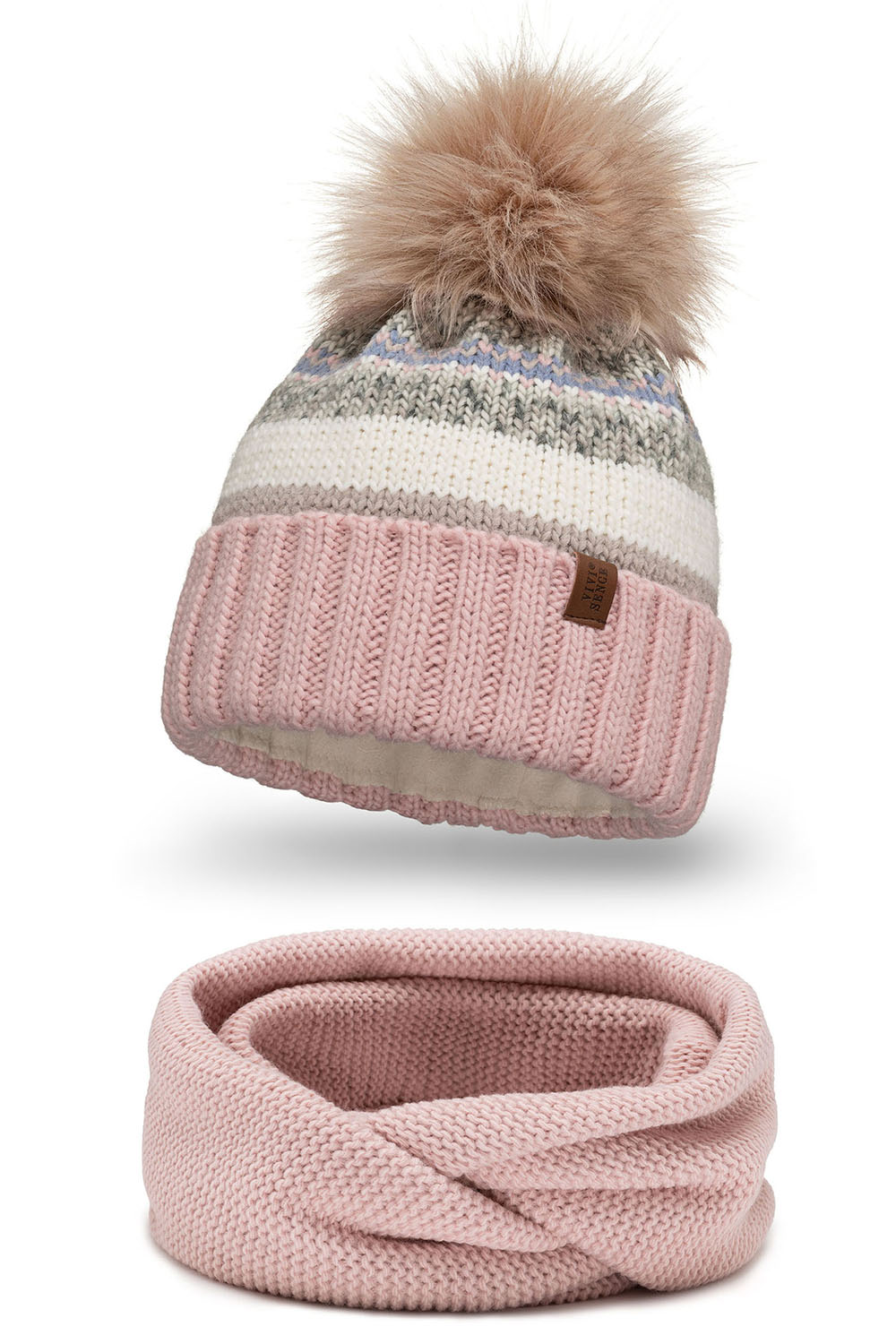 Vivisence Modisches Winterset für Damen Warme Mütze Mit Antistatischem Fleece Und Umweltfreundlichem Bommel Passender Loop-Schal Aus Weichem Garn Perfekt Für Kalte Tage Und Outdoor-Aktivitäten, Pink