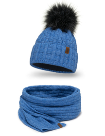 Vivisence Femme Bonnet Et Écharpe Pour l'Automne et l'Hiver À Pompon Chauds Doublés De Polaire Anti-Statique Idéal Pour Les Hommes Élégants Parfait Pour Froides Journées 7015Kmpl, bleu denim