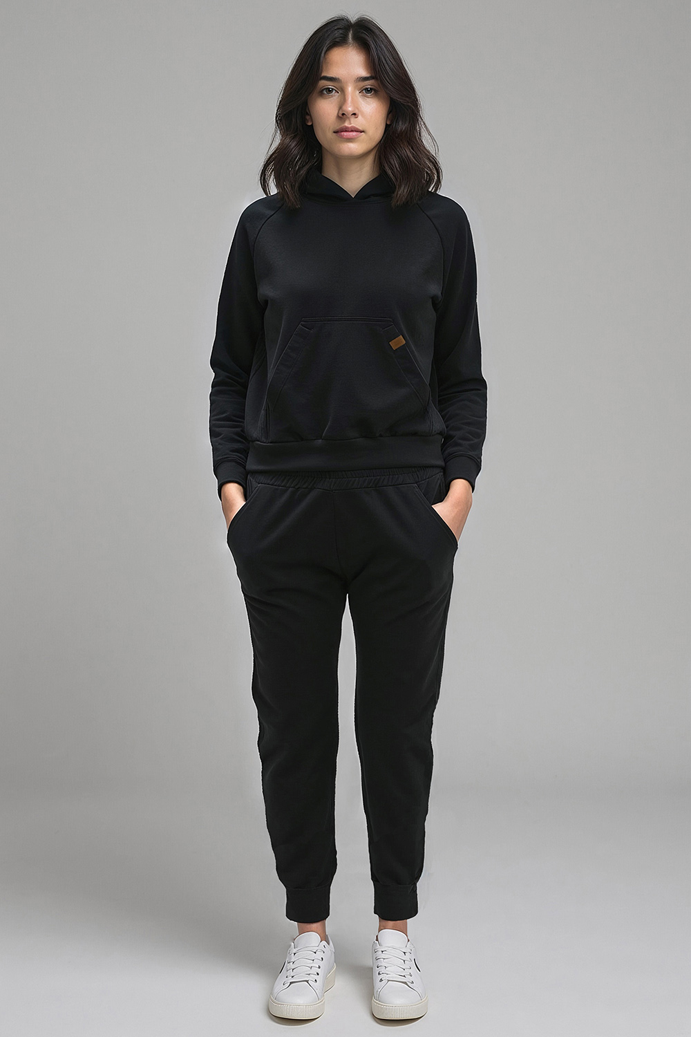 Vivisence Femme Ensemble Survêtement Coton Capuche Poches Confort Quotidien 9203, noir