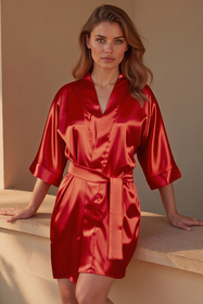 Vivisence Damen Satin Kimono Morgenmantel aus Polyester, eleganter V-Ausschnitt, 3/4 Arm, kurzer Bademantel für Damen als Nachtwäsche,