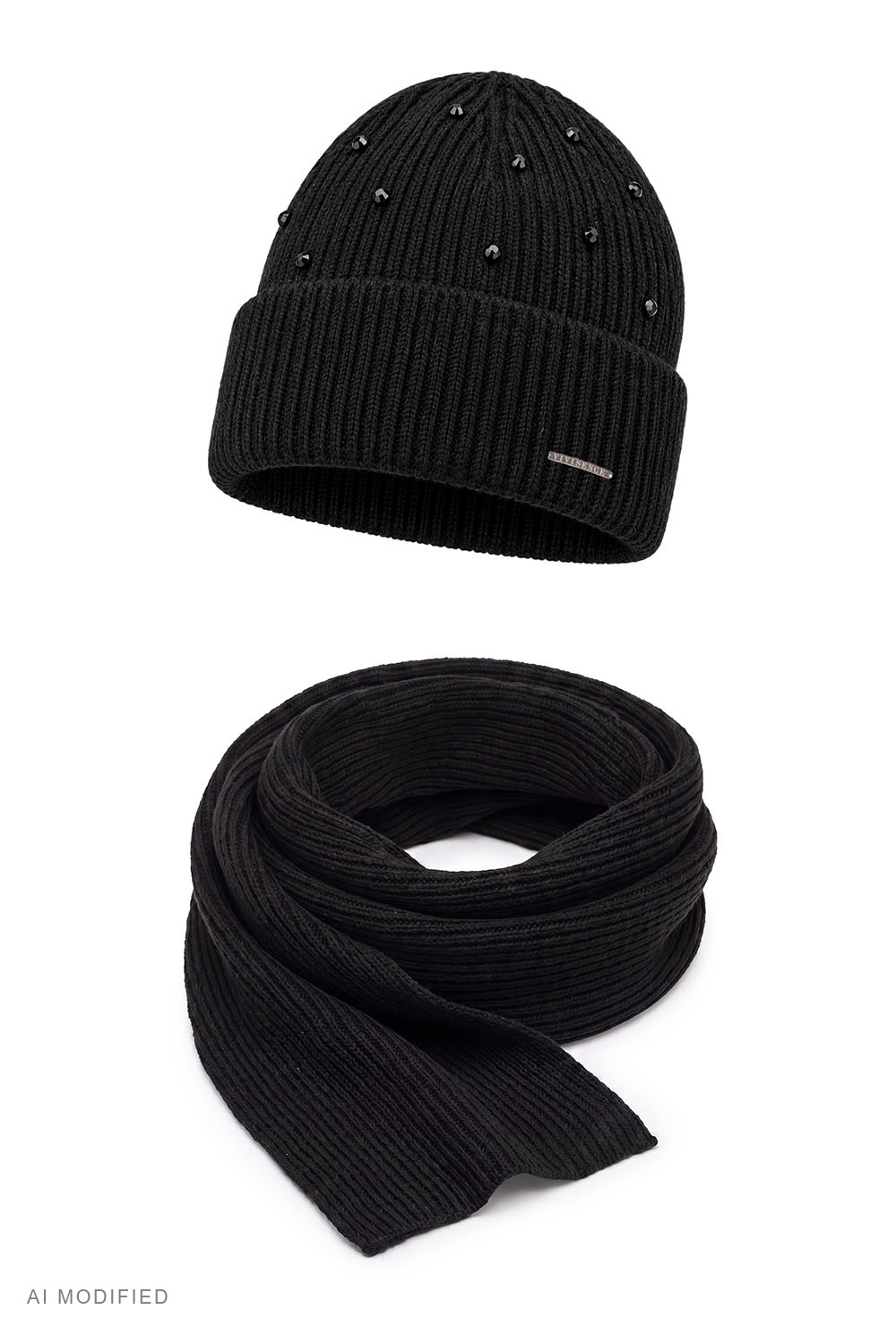 Vivisence Damen Set aus Merinowolle Kaschmir Mütze Schal Strick, schwarz