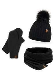 Vivisence Femme Ensemble Bonnet Pompon Écharpe Moufles Chaud Hiver Élégant, noir