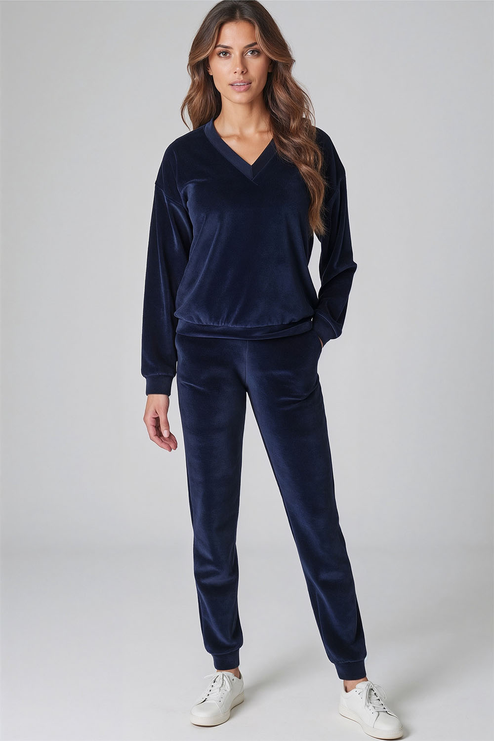 Vivisence Women Joggers Cotton Knit Pockets Elastic Waist Lounge Trousers 9101, dark blue