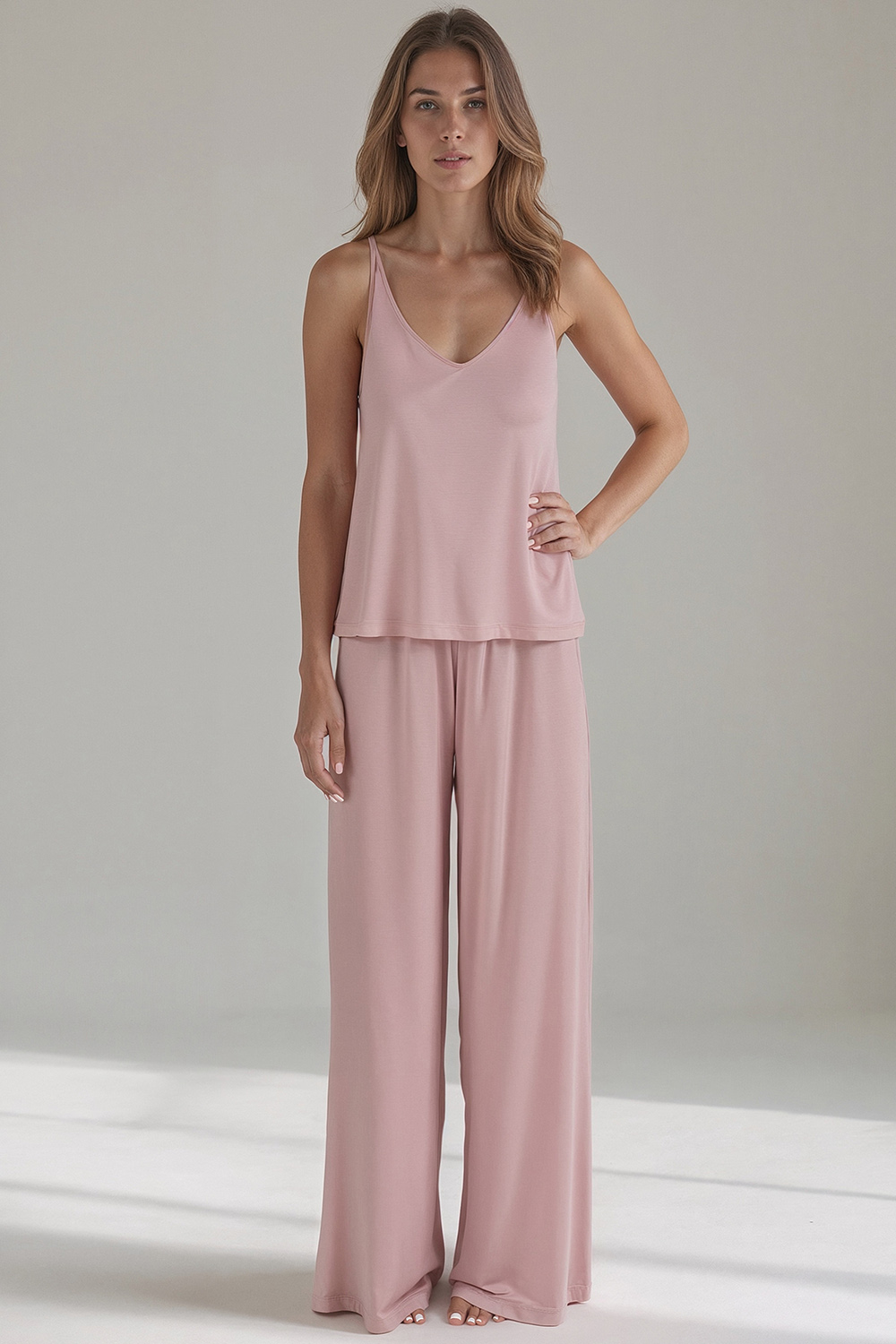 Vivisence Women's Pyjama Set Viscose Wide Leg Pants V-Neck Shirt 2046, Pink