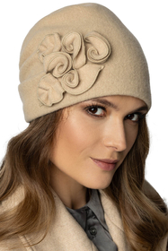 Vivisence Women's Elegant Warm Winter Hat Virgin Wool Hand Embroidered 7076, Beige