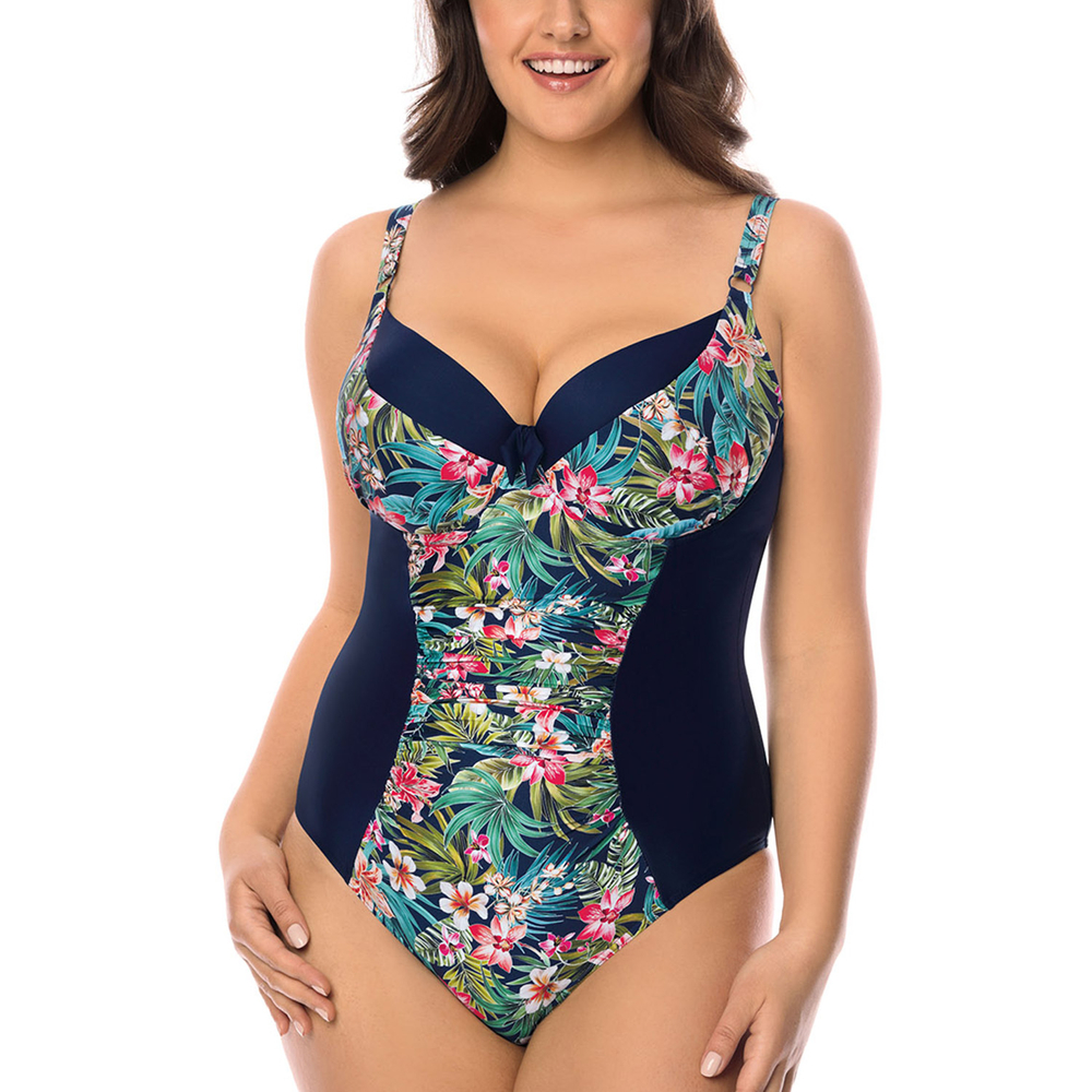 Vivisence Damen Badeanzug Gepolstert Mit Bügel Für Formendes Dekolleté 3108, dunkelblaue Blumen