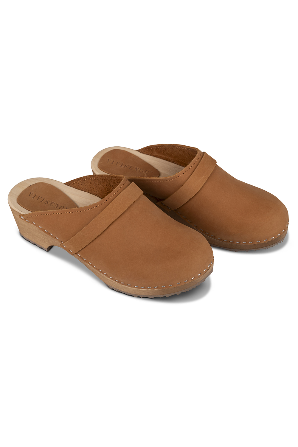 Vivisence Damen Clogs aus Nubukleder, Holzsohle, geschlossene Pantoletten mit Absatz, bequem für Alltag und Büro, hellbraun
