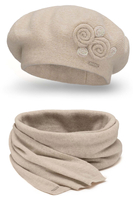 Vivisence Damen Baskenmütze Schal Set Wolle Applikation Lang Warm 7037kmpl, beige