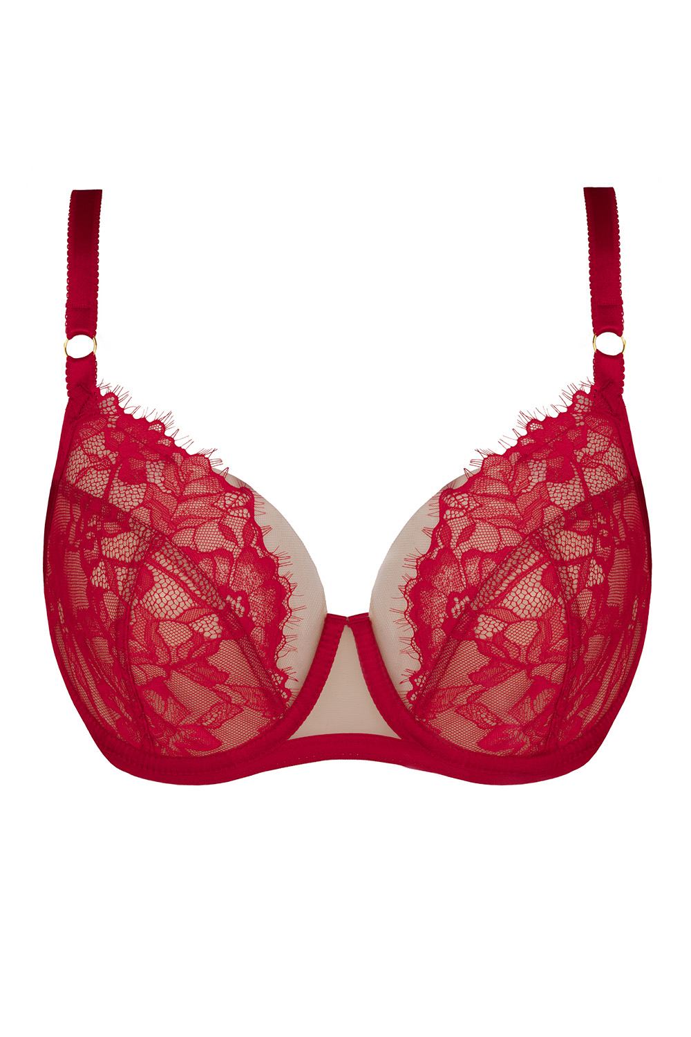 Vivisence Eleganter Soft-BH Mit Spitze Für Damen Bügel-BH Mit Hebeeffekt Verstellbaren Trägern Und Goldfarbenen Details Feminine Dessous Für Komfort Und Halt, rot