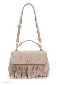 Vivisence Women Top Handle Handbag Fringe Detail Adjustable Strap Easy Wear, taupe