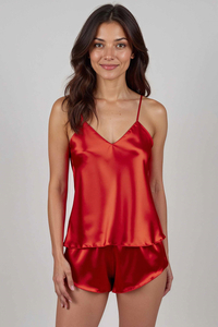 Vivisence Damen Nachtwäsche Set aus Satin, zweiteilig, V-Ausschnitt, verstellbare Träger, Schlafanzug Top und Shorts, Rot