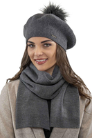 Vivisence Béret Femme Pour L'automne et L'hiver Avec Pompon En Fausse Fourrure Tricoté En Laine Acrylique Doux Chaud Et Confortable Idéal Classique Et Élégant 7035, gris foncé